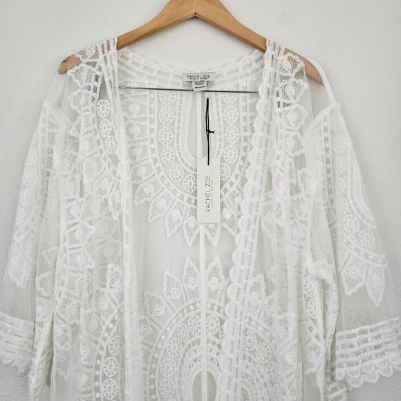 Rachel Zoe Lace Duster White Kimono Cover Up Embroidered Open Front OS Boho - Picture 12 of 15